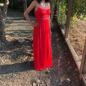 Coral floor length prom dress